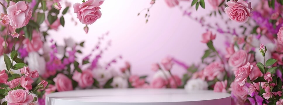 Podium background flower rose product pink 3d spring table beauty stand display nature white. Garden rose floral summer background podium cosmetic valentine easter field scene gift purple day romantic