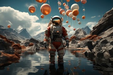 astronaut walk on abstract futuristic background with balloons and sky. cosmic surrealism concept.