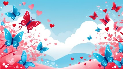 Fototapeta na wymiar Spring composition of butterflies and hearts on the background of blue sky, colorful spring background