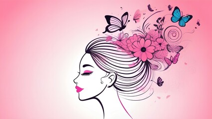 Silhouette of a girl with butterflies and flowers in her hair on a pink background
