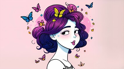  Girl with colorful butterflies in her hair on pink background