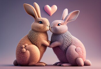 Two cute bunny couple being in love, 3D illustration on isolated background. Generative AI