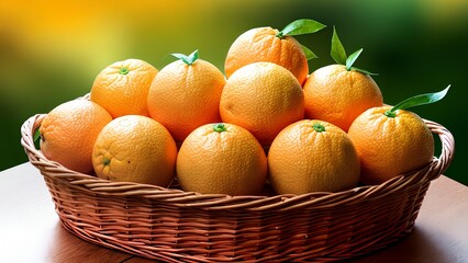 Close-up of a basket full of ripe oranges with green leaves