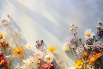 Sunlit top view of assorted wildflowers on a delicate pastel surface, inviting creativity with text.