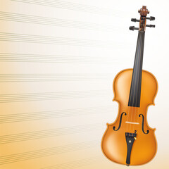 Musical background with note sheet of paper and realistic violin, vector illustration