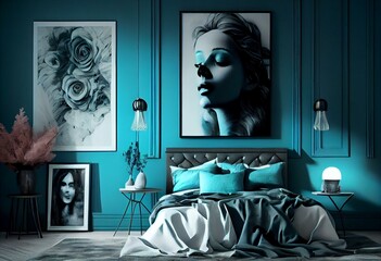 Glamour bedroom interior with blue wall and turquoise double bed. Painting on the wall. Generative AI