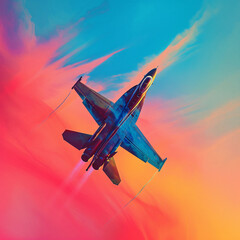Military jet aerobatics into an abstract gradient. - obrazy, fototapety, plakaty