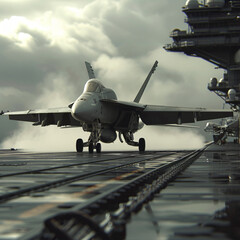 Military airplane on aircraft carrier.