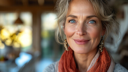 Fototapeta premium A beautiful middle-aged woman with gray hair and healthy skin is smiling in a good mood.