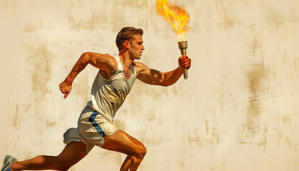 Active Runner torch-bearer with torch flame in hand running fast. Wall grafity illustration oltmpic movement background. - obrazy, fototapety, plakaty