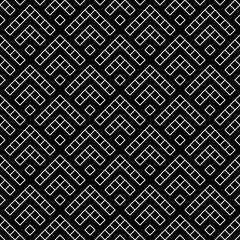 Seamless pattern. Figures, checks background. Stylized chevrons, rhombuses ornament. Curves, shapes backdrop. Folk wallpaper. Tribal motif. Ancient mosaic. Digital textile print, abstract design.