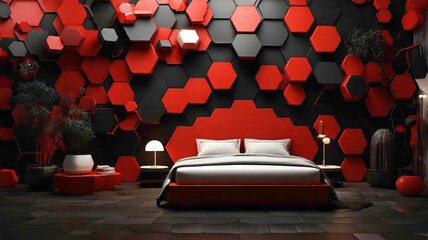 hexagonal background in the wall in red and black color  with abstract background with sofa set and other color 3d style background 