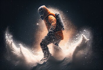 A lone snowboarder surrounded by snow in fast action. Generative AI art