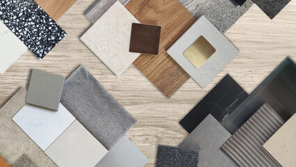 interior material samples contains panels and tiles. stylish interior moodboard including terrazzo, quartz, stone tiles, blue laminated, wooden flooring tiles, gold stainless placed on wooden table. - obrazy, fototapety, plakaty