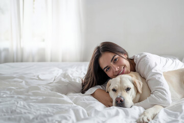 A content woman lies in bed with her beloved dog, their peaceful embrace captured against a white wall as the soft glow of happiness radiates from their faces