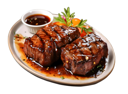 Grilled sliced Beef Steak with tomatoes and rosemary on a plate Isolated on transparent background top view