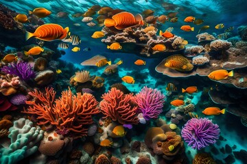 Fototapeta na wymiar A breathtaking view of a vibrant, colorful coral reef teeming with marine life beneath crystal-clear waters.