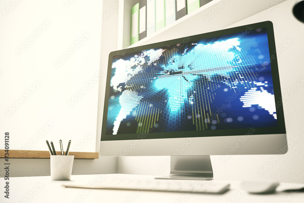 Poster abstract creative digital world map on modern laptop monitor, tourism and traveling concept. 3d rend