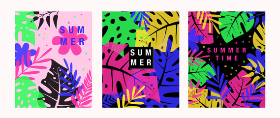 Vector summer background with bright abstract tropical leaves monstera flowers. Set of modern design templates in minimalist flat style for sales, poster, header, card, cover, social media