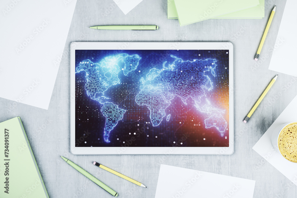 Aufkleber top view of modern digital tablet display with abstract graphic world map, big data and networking c