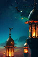 Illuminated Lanterns and Minarets with Crescent Moon in Starry Night Sky




