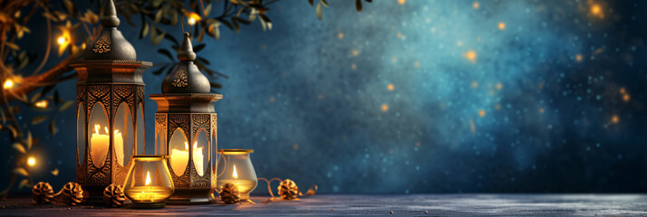 Traditional Lanterns and Candles with Olive Branch on Wooden Surface