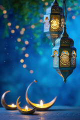Elegant Ramadan Lanterns and Crescent Moon Candles on Textured Background




