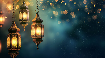 Traditional Lanterns with Glowing Lights and Bokeh Effect




