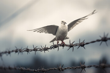 a dove perched on a barbed wire fence