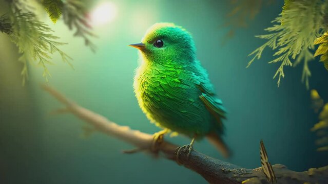 A Small Green Bird Perched On A Tree Trunk And There Was A Butterfly