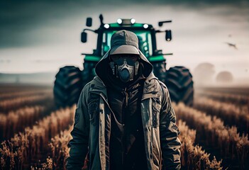 Farmer in hat and mask walks through field and processes crops with agricultural tractor. Generative AI - obrazy, fototapety, plakaty