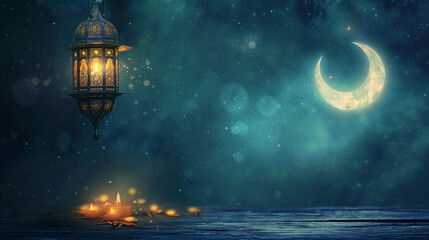 Elegant Ramadan Lantern with Crescent Moon and Sparkling Lights