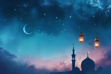 Illuminated Lanterns and Crescent Moon in Ramadan Night Sky
