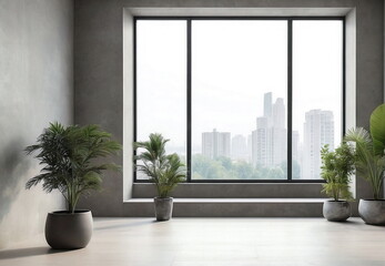 Fototapeta premium Big palm plants in a pots near grey wall and big window in empty room. banner. Copy space. Minimal modern interior.