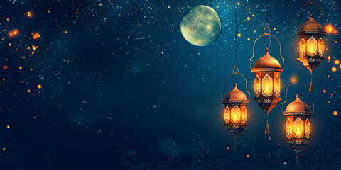 Ramadan Celebration with Lanterns, Moon, and Stars in Night Sky