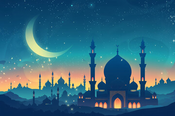 mosque, crescent, moon, stars, sky, dusk, silhouette, minaret, dome, Ramadan, Islamic, celebration, tradition, culture, spirituality, religion, Muslim, decoration, festive, seasonal, event, backg




