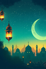 Islamic Lanterns and Crescent Moon in Starry Night Sky for Ramadan