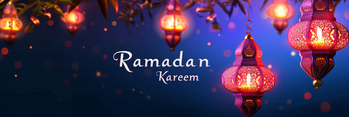 Ramadan Kareem Wide Banner with Bokeh and Pink Lanterns