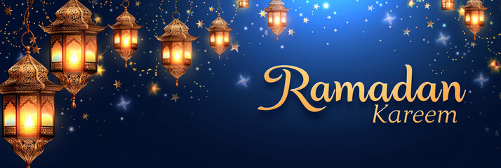 Ramadan Kareem Wide Banner with Hanging Lanterns and Shimmering Stars