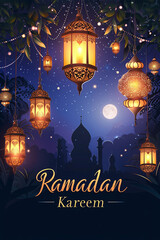 Ramadan Kareem Greeting with Illuminated Lanterns and Mosque Silhouette