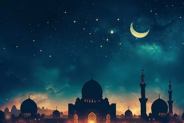 Fotobehang Starry Night Skyline with Crescent Moon Over Islamic Mosques for Ramadan © mohammed