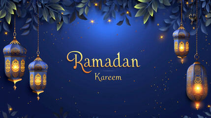 Ramadan Kareem Wide Banner with Golden Lanterns and Foliage Clean