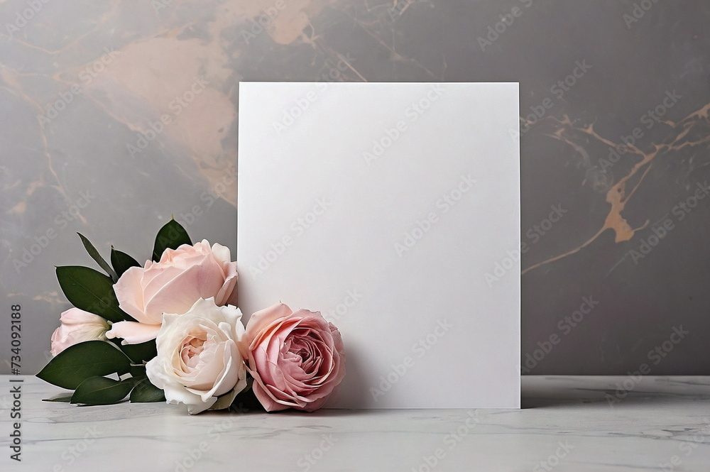 Wall mural Greeting card mockup and beautiful pink roses flowers on grey marble background with copy space. Empty blank sheet card mock up for holiday greetings. Holiday, Mother's day, birthday