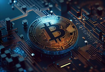 Bitcoin on a technological background. banner with technology background for cryptocurrency illustration. Cryptocurrency trading. bitcoin on a blue background. 3d render. Generative AI