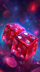 a high definition photorealistic close up picture of two luxorious red dices in the upper part of a the picture