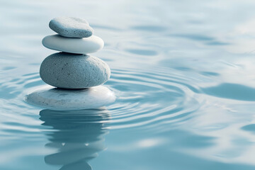 Fototapeta na wymiar A perfectly balanced stack of smooth, rounded zen stones emerges from the calm, clear blue water, creating a peaceful and harmonious backdrop
