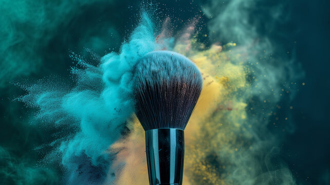 A makeup brush with a black handle is captured in motion, with a burst of colorful powder in shades of blue, green, and yellow against a black background