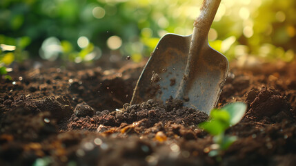 A shovel digging into rich soil, symbolizing the manual labor and dedication of farmers in cultivating the land - obrazy, fototapety, plakaty