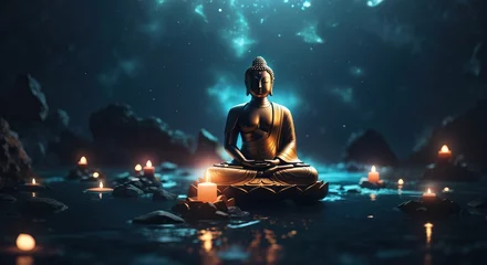  Glowing buddha statue, Surreal light beam sacral illustration © MochSjamsul