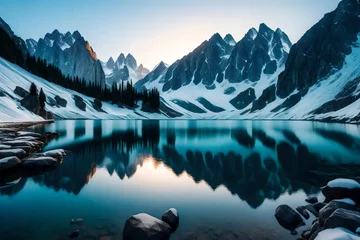Wall murals Reflection A majestic mountain range reflected perfectly in the calm, crystal-clear waters of a serene alpine lake at dawn.